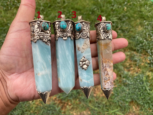 Large Pointed Amazonite with Natural Turquoise Tibetan Silver Pendant, Unique Design, Healing Crystal, Balancing Gem, Unique Jewelry