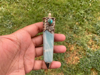 Large Pointed Amazonite with Natural Turquoise Tibetan Silver Pendant, Unique Design, Healing Crystal, Balancing Gem, Unique Jewelry