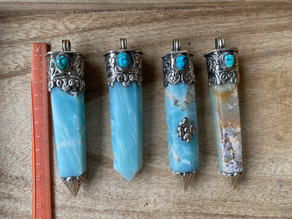 Large Pointed Amazonite with Natural Turquoise Tibetan Silver Pendant, Unique Design, Healing Crystal, Balancing Gem, Unique Jewelry