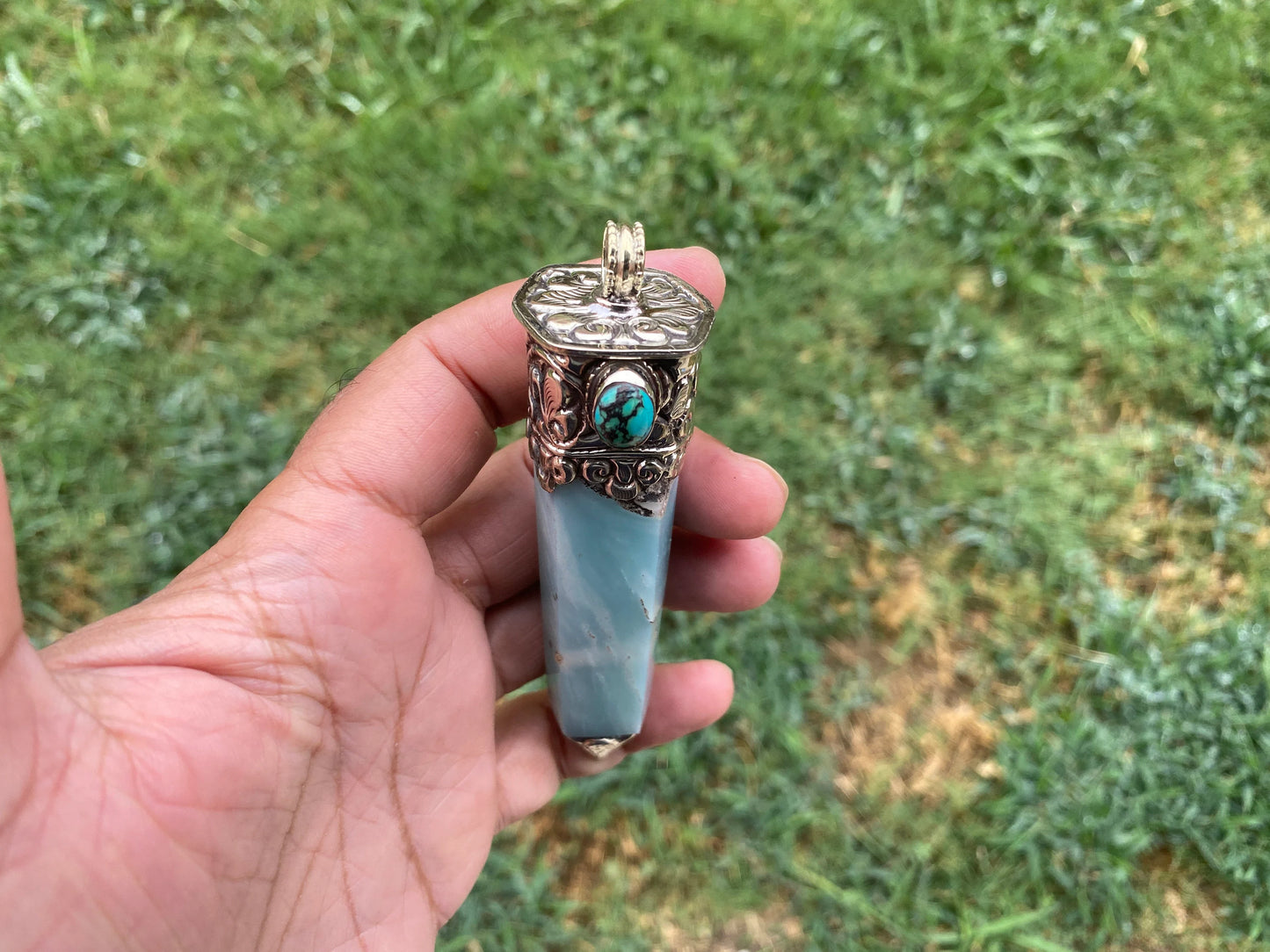 Large Pointed Amazonite with Natural Turquoise Tibetan Silver Pendant, Unique Design, Healing Crystal, Balancing Gem, Unique Jewelry