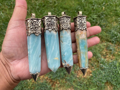 Large Pointed Amazonite with Natural Turquoise Tibetan Silver Pendant, Unique Design, Healing Crystal, Balancing Gem, Unique Jewelry