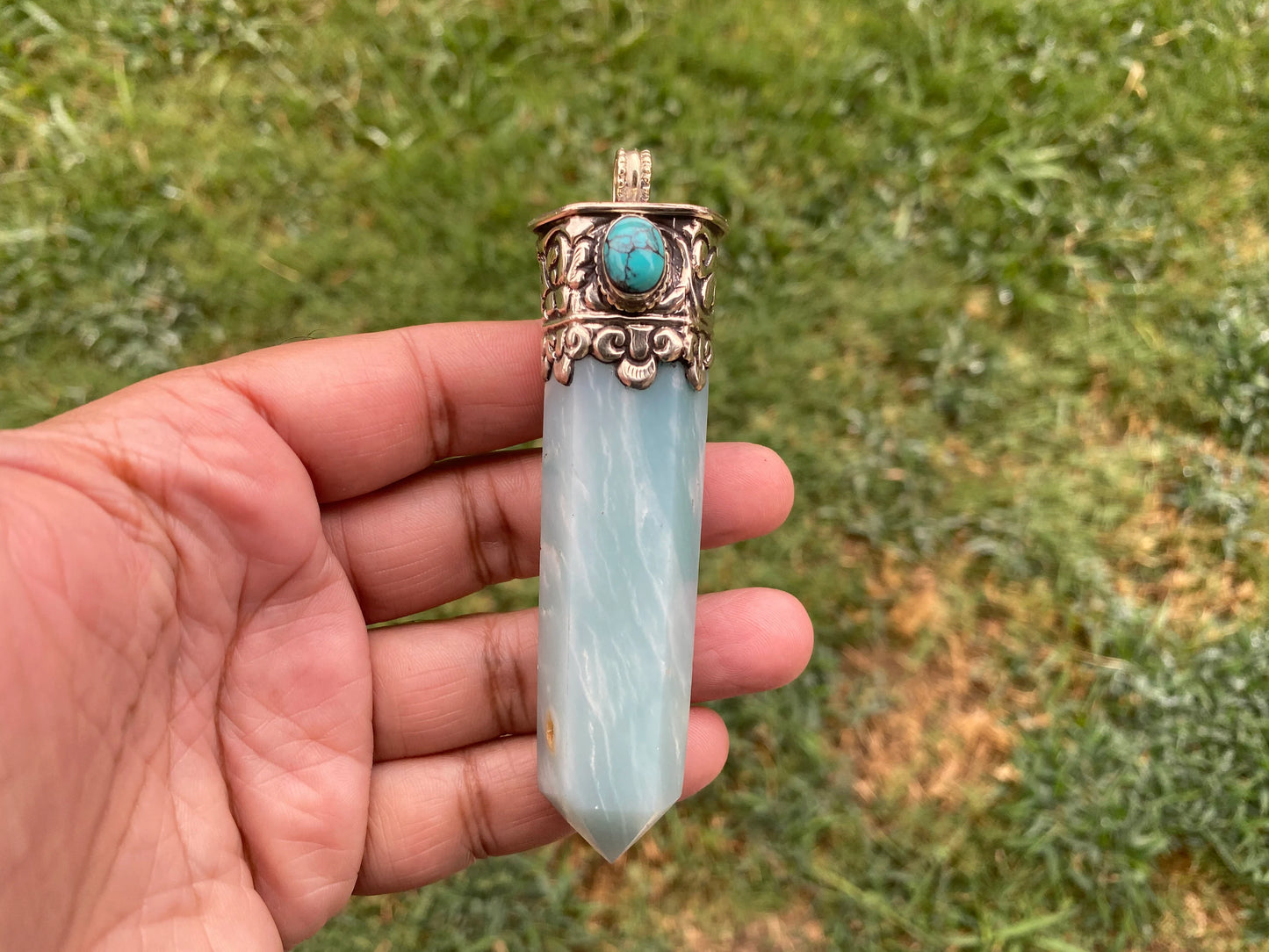 Large Pointed Amazonite with Natural Turquoise Tibetan Silver Pendant, Unique Design, Healing Crystal, Balancing Gem, Unique Jewelry
