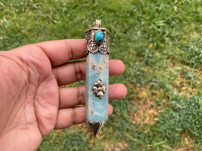 Large Pointed Amazonite with Natural Turquoise Tibetan Silver Pendant, Unique Design, Healing Crystal, Balancing Gem, Unique Jewelry