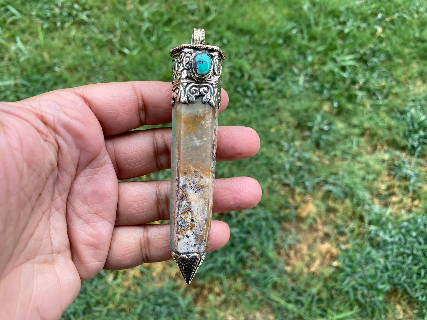 Large Pointed Amazonite with Natural Turquoise Tibetan Silver Pendant, Unique Design, Healing Crystal, Balancing Gem, Unique Jewelry