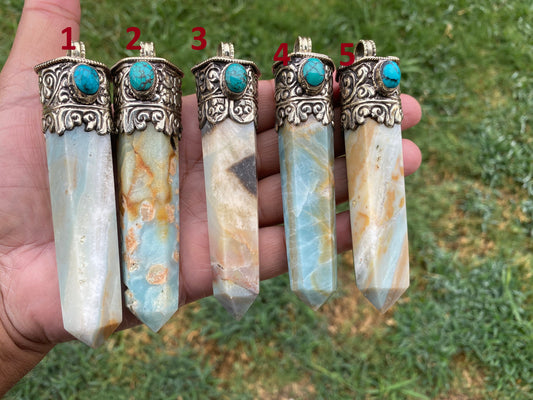 Large Pointed Amazonite with Natural Turquoise Tibetan Silver Pendant, Unique Design, Healing Crystal, Balancing Gem, Unique Jewelry