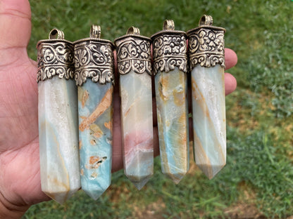 Large Pointed Amazonite with Natural Turquoise Tibetan Silver Pendant, Unique Design, Healing Crystal, Balancing Gem, Unique Jewelry