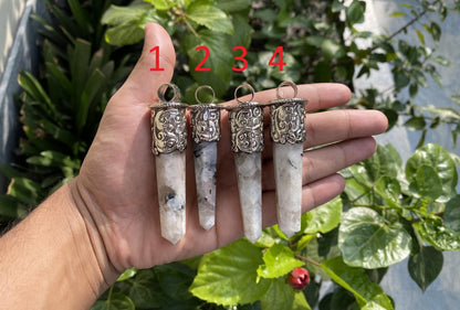 Moonstone Fantasy: Large Pointed Gemstone Tibetan Silver Pendant, Handmade Ethnic Jewelry from Nepal, Perfect for Necklace Lovers, Bohemian