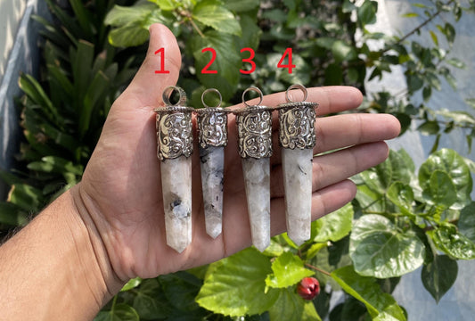 Moonstone Fantasy: Large Pointed Gemstone Tibetan Silver Pendant, Handmade Ethnic Jewelry from Nepal, Perfect for Necklace Lovers, Bohemian