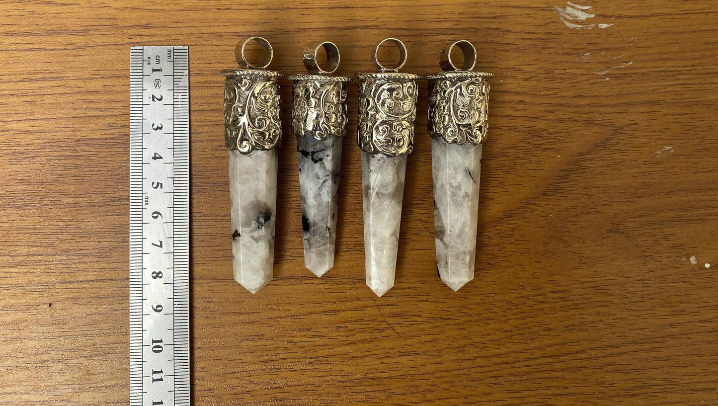 Moonstone Fantasy: Large Pointed Gemstone Tibetan Silver Pendant, Handmade Ethnic Jewelry from Nepal, Perfect for Necklace Lovers, Bohemian