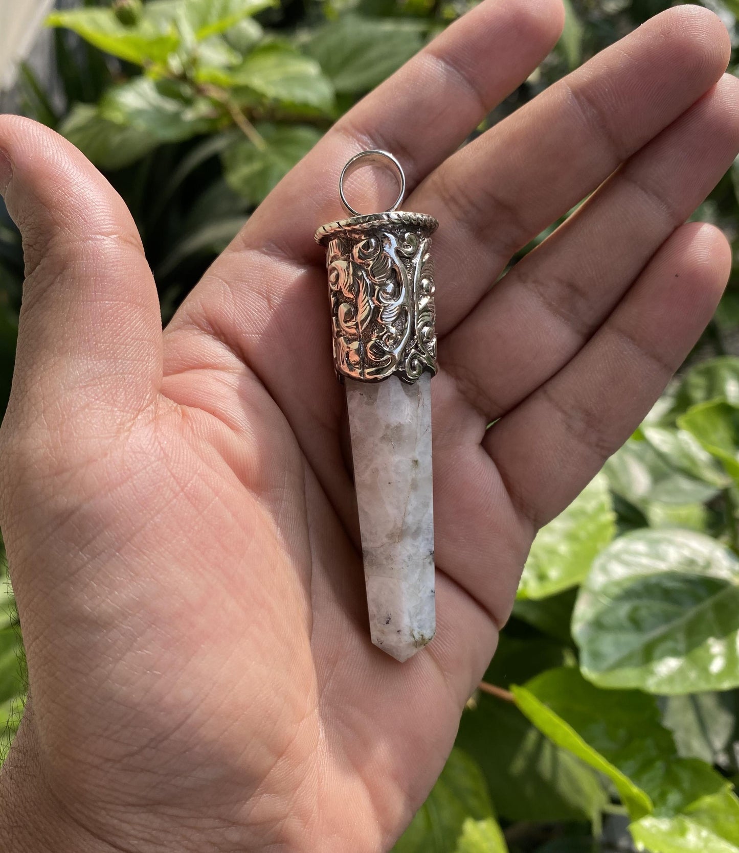 Moonstone Fantasy: Large Pointed Gemstone Tibetan Silver Pendant, Handmade Ethnic Jewelry from Nepal, Perfect for Necklace Lovers, Bohemian