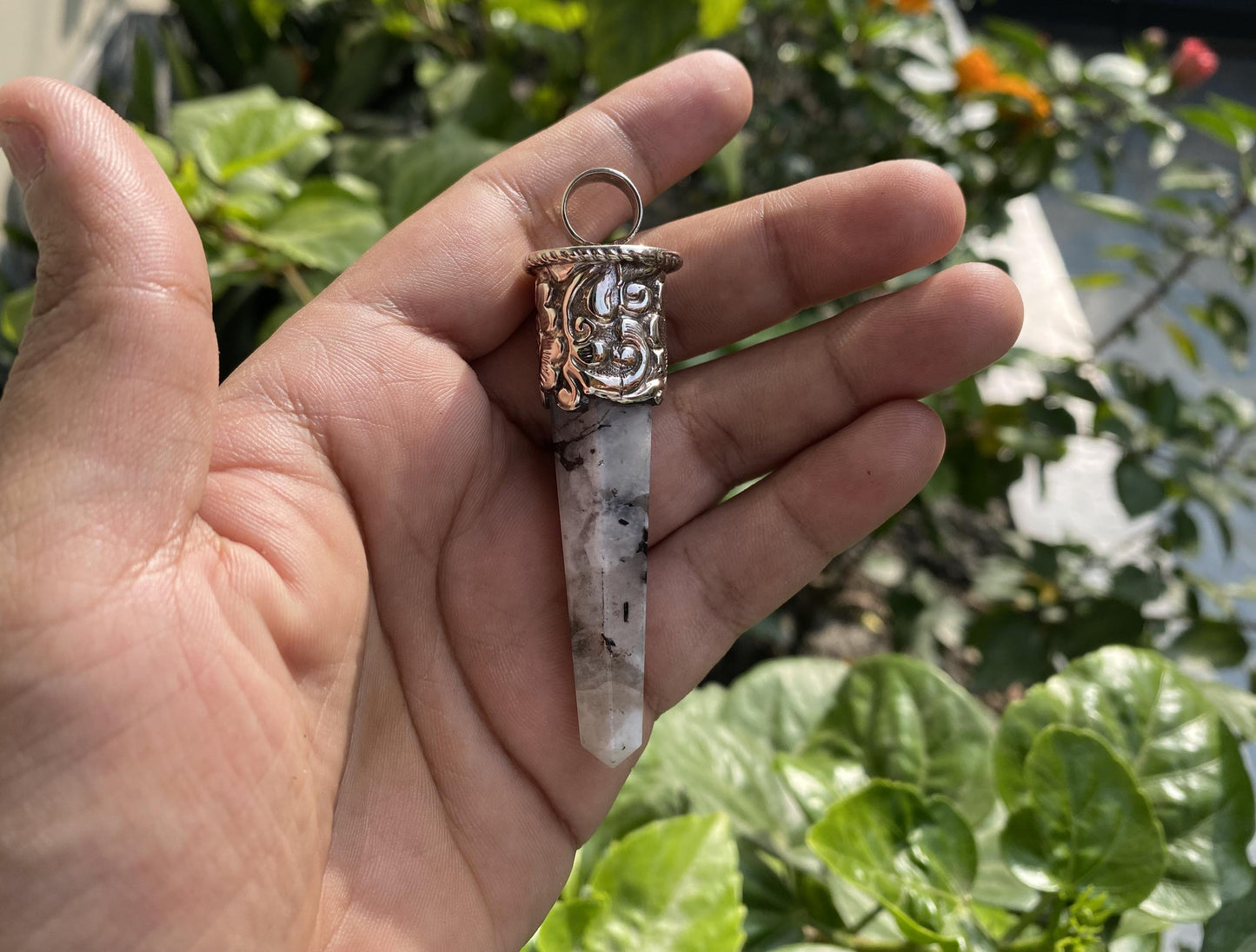 Moonstone Fantasy: Large Pointed Gemstone Tibetan Silver Pendant, Handmade Ethnic Jewelry from Nepal, Perfect for Necklace Lovers, Bohemian