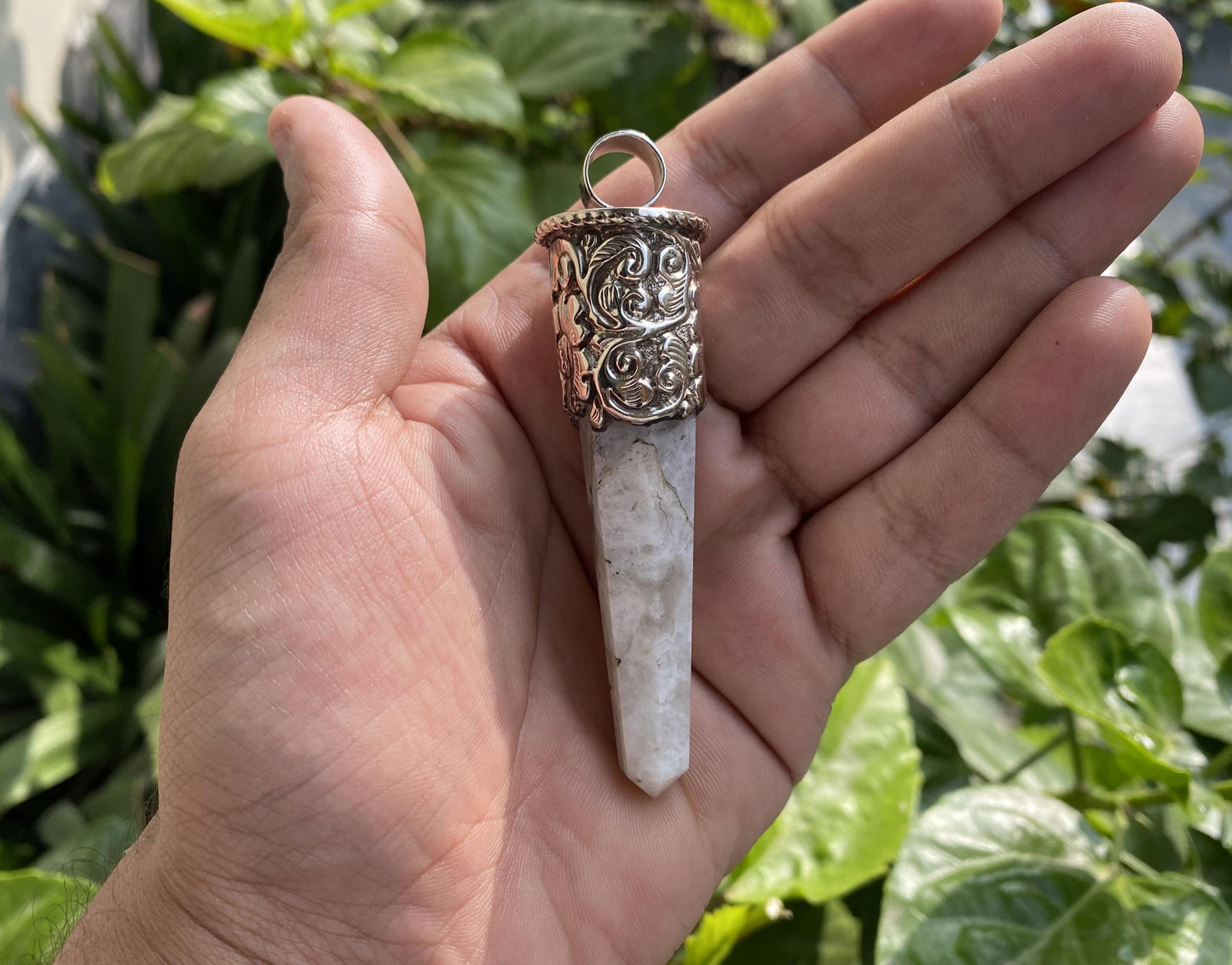 Moonstone Fantasy: Large Pointed Gemstone Tibetan Silver Pendant, Handmade Ethnic Jewelry from Nepal, Perfect for Necklace Lovers, Bohemian