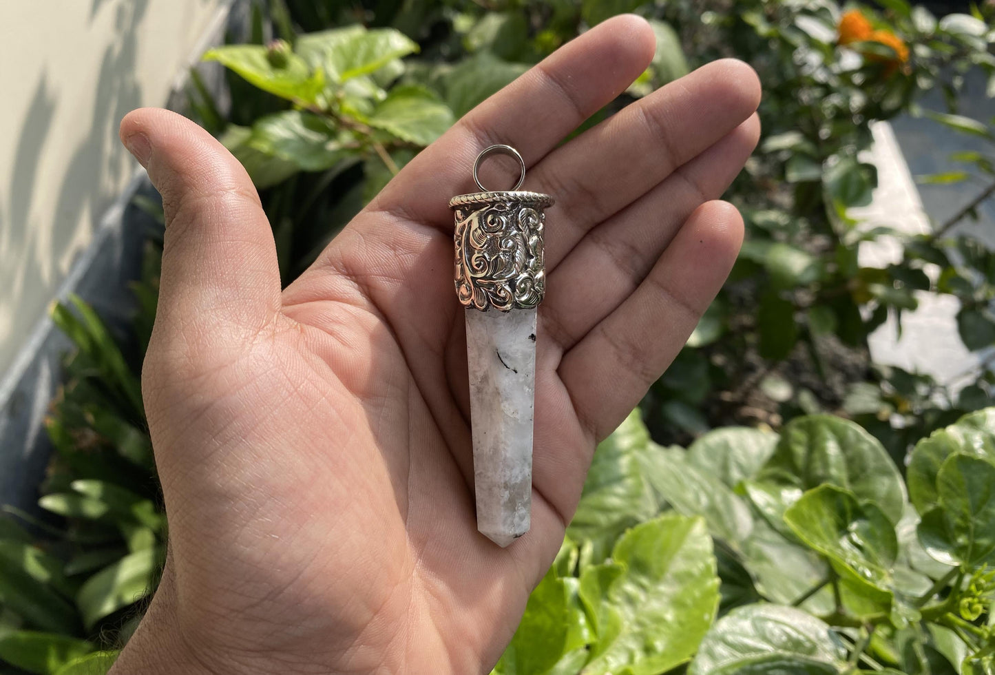 Moonstone Fantasy: Large Pointed Gemstone Tibetan Silver Pendant, Handmade Ethnic Jewelry from Nepal, Perfect for Necklace Lovers, Bohemian