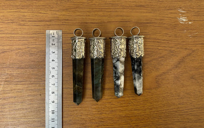 Large Pointed Natural Gemstone Tibetan Silver Pendant | Labradorite / Moonstone Natural Stone, Handmade Bohemian Jewelry, Hippie Pendant