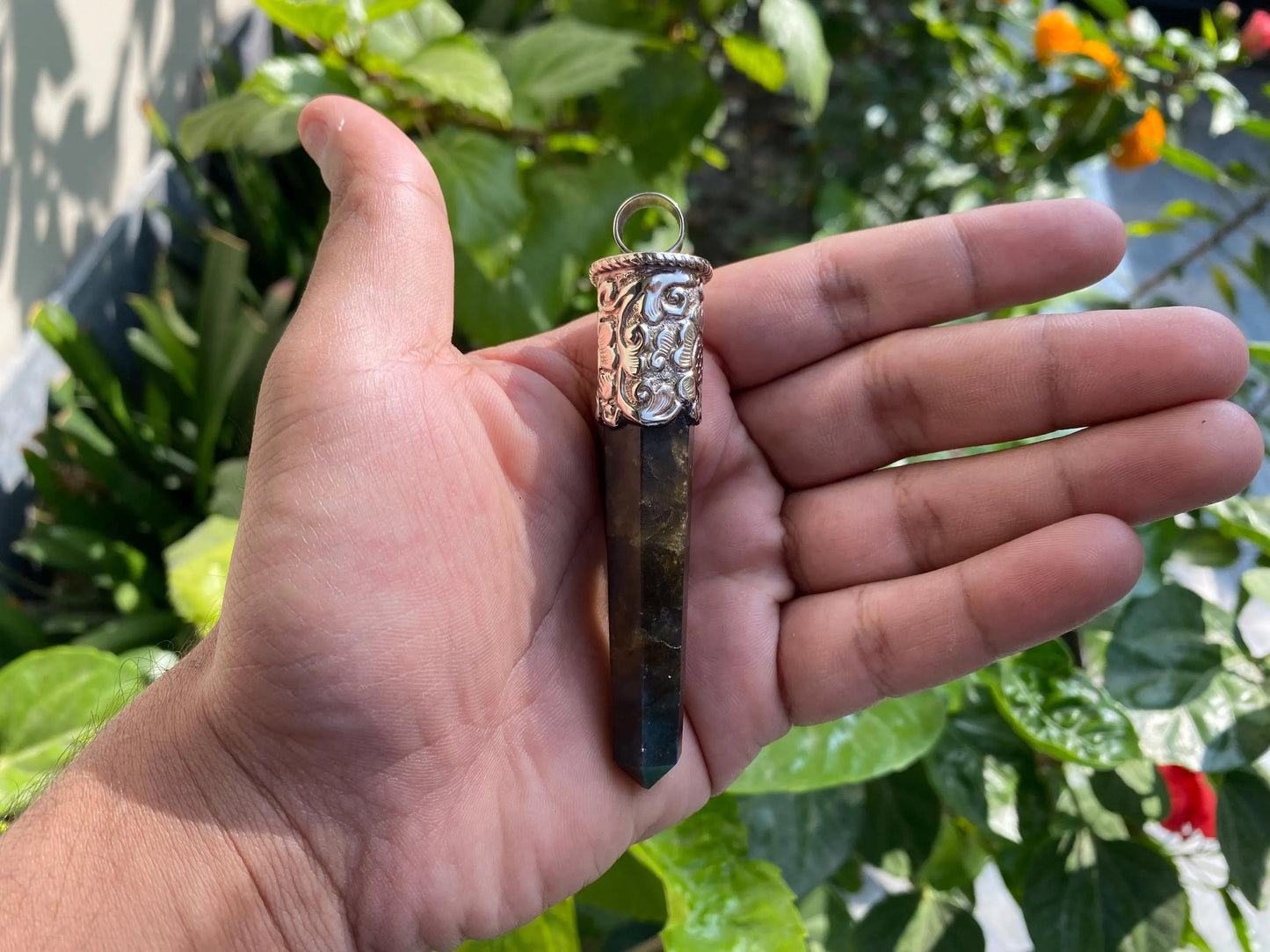 Large Pointed Natural Gemstone Tibetan Silver Pendant | Labradorite / Moonstone Natural Stone, Handmade Bohemian Jewelry, Hippie Pendant