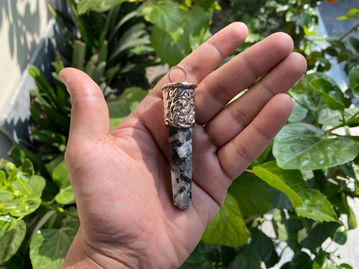 Large Pointed Natural Gemstone Tibetan Silver Pendant | Labradorite / Moonstone Natural Stone, Handmade Bohemian Jewelry, Hippie Pendant