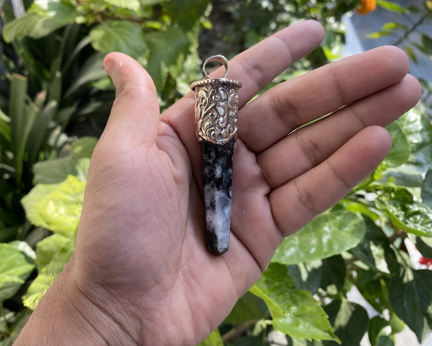 Large Pointed Natural Gemstone Tibetan Silver Pendant | Labradorite / Moonstone Natural Stone, Handmade Bohemian Jewelry, Hippie Pendant