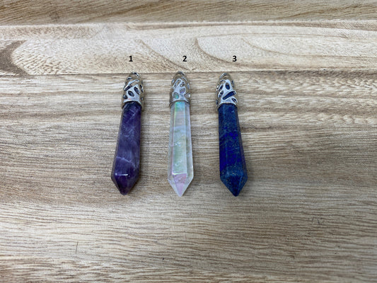 Large Pointed Natural Gemstones Pendant, Tibetan Silver, Crystal/Lapis or Amethyst Natural Stone, Pendant for Necklace,Healing Stones, Yoga