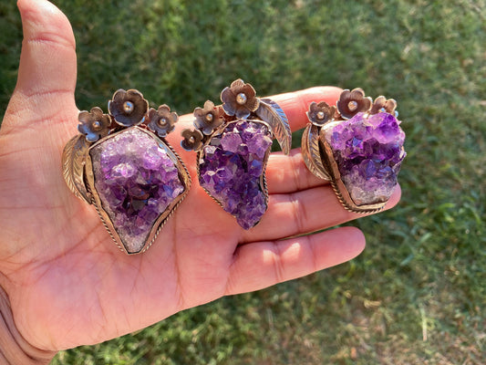 Large Raw Amethyst Druzy Natural Stone Tibetan Silver Pendant, Healing Crystal for Necklace, Hill Tribe Jewelry, Birthstone Pendant