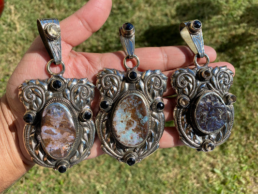 Large Raw Australian Natural Opal, Tibetan Silver Pendant with Citrine, Black Onyx or Citrine Gemstone, Women's Jewelry, Birthstone Pendant