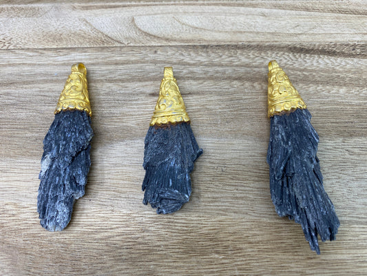 Large Raw Black Kyanite Pendant, Brushed Gold Overlay Non Tarnish Tibetan Himalayan Bohemian Jewelry, Boho Gypsy, Jewelry Making Supplies