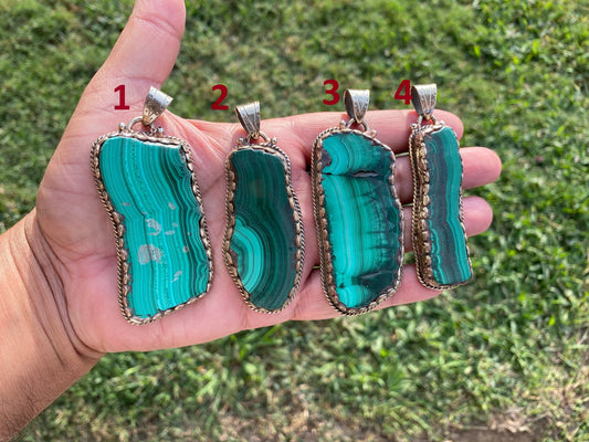 Large Raw Malachite Natural Stone Tibetan Silver Pendant, Ethnic Jewelry, Energy Stone Pendant, Birthstone, Healing Crystal, Freeform Stone