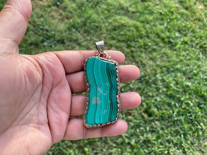 Large Raw Malachite Natural Stone Tibetan Silver Pendant, Ethnic Jewelry, Energy Stone Pendant, Birthstone, Healing Crystal, Freeform Stone