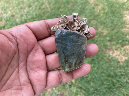 Large Raw Natural Labradorite Gemstone Tibetan Silver Pendant, Two Sided Pendant, Healing Crystal, For Men or Women Jewelry, Birthstone