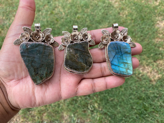 Large Raw Natural Labradorite Gemstone Tibetan Silver Pendant, Two Sided Pendant, Healing Crystal, For Men or Women Jewelry, Birthstone