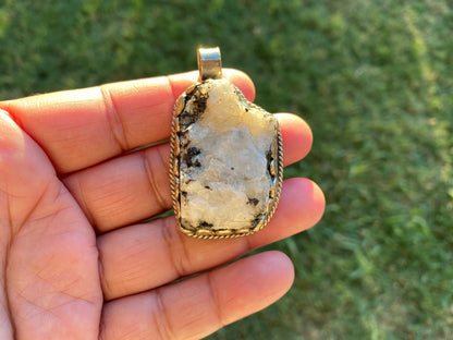Large Raw Natural Rainbow Moonstone Pendant, Tibetan Silver, Crystal Jewelry, Raw Stone Pendant, Feminine Devine, Girl Power, Crown Chakra