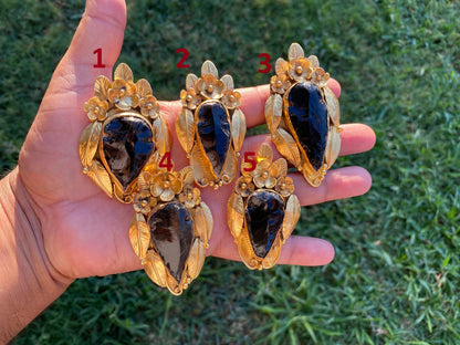 Large Raw Obsidian Black Arrowhead Natural Stone Pendant, Non Tarnish Brushed Gold Overlay, Volcanic Gemstone, Protective Amulet