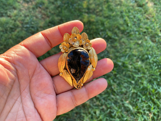 Large Raw Obsidian Black Arrowhead Natural Stone Pendant, Non Tarnish Brushed Gold Overlay, Volcanic Gemstone, Protective Amulet