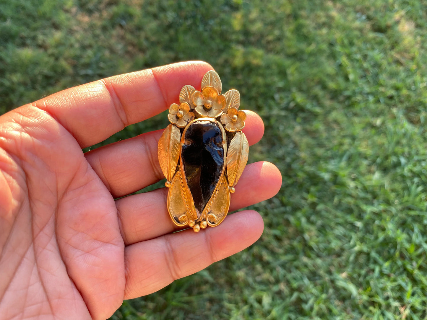 Large Raw Obsidian Black Arrowhead Natural Stone Pendant, Non Tarnish Brushed Gold Overlay, Volcanic Gemstone, Protective Amulet