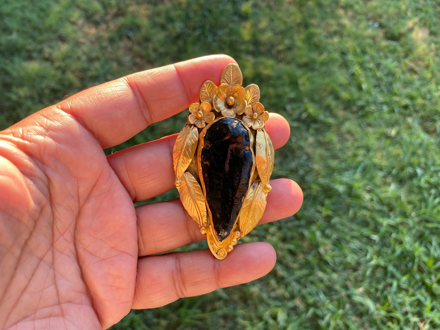 Large Raw Obsidian Black Arrowhead Natural Stone Pendant, Non Tarnish Brushed Gold Overlay, Volcanic Gemstone, Protective Amulet