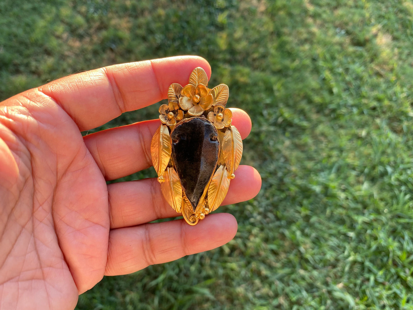 Large Raw Obsidian Black Arrowhead Natural Stone Pendant, Non Tarnish Brushed Gold Overlay, Volcanic Gemstone, Protective Amulet