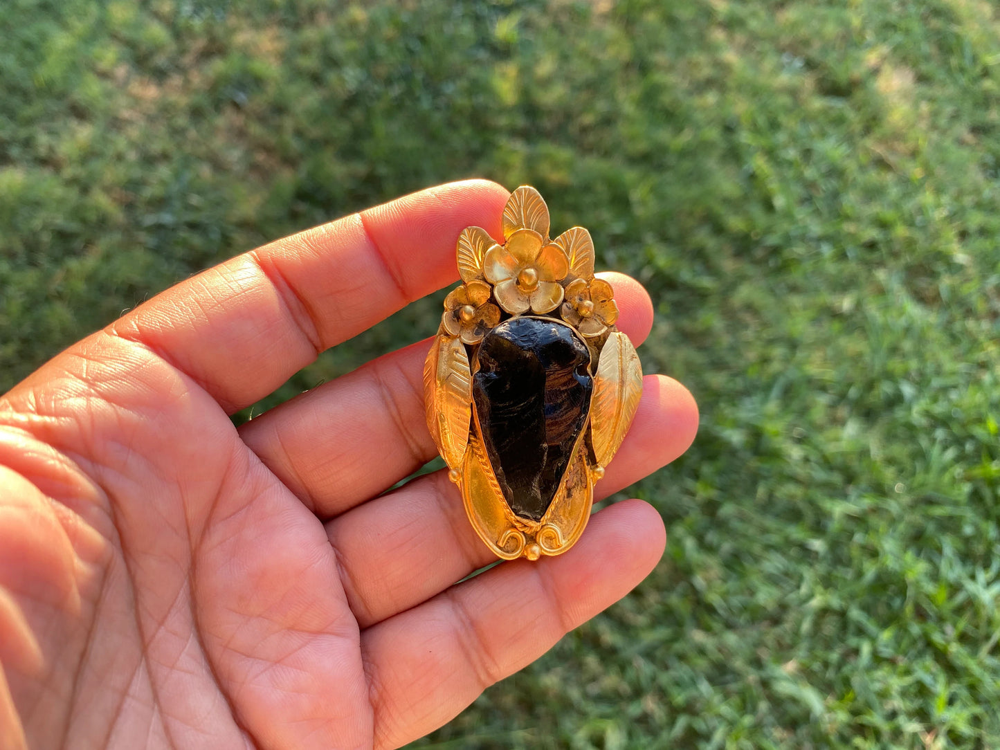 Large Raw Obsidian Black Arrowhead Natural Stone Pendant, Non Tarnish Brushed Gold Overlay, Volcanic Gemstone, Protective Amulet