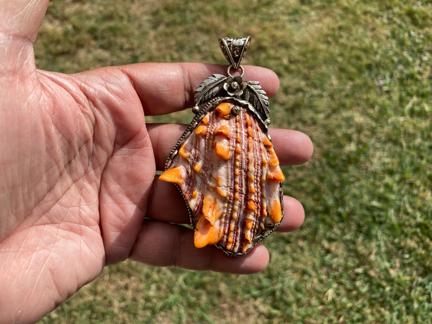 Large Raw Spiny Oyster Tibetan Silver Pendant, Nature Crafted, Desert Sea Gem, Oceanic Ornament, Ocean Jewel, Ocean Inspired Jewelry