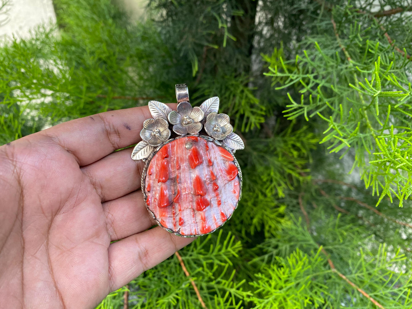 Large Raw Spiny Oyster Tibetan Silver Pendant, Southwestern Jewelry, for Men or Women, Bohemian Pendant, Anniversary Jewelry Gift