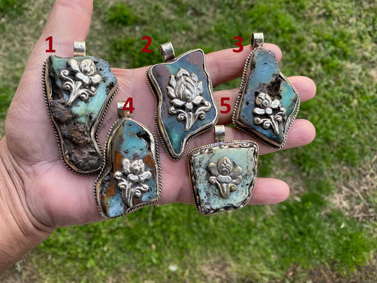 Large Rough Natural Green Chrysoprase Slab Tibetan Silver Pendant, Flower Designs, Ethnic Jewelry, Himalayan Jewelry, Natural Stone Jewelry