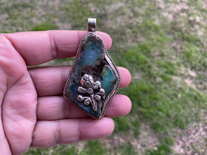 Large Rough Natural Green Chrysoprase Slab Tibetan Silver Pendant, Flower Designs, Ethnic Jewelry, Himalayan Jewelry, Natural Stone Jewelry