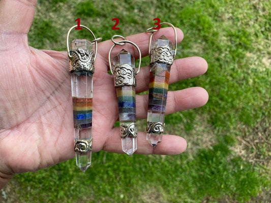 Large Seven Chakra Crystal Point Tibetan Silver Pendant, Multi gemstone Pendant for Necklace, Healing Crystal, Boho Pendant, Hippie Pendant,