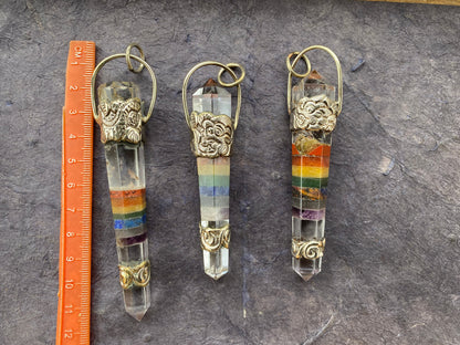 Large Seven Chakra Crystal Point Tibetan Silver Pendant, Multi gemstone Pendant for Necklace, Healing Crystal, Boho Pendant, Hippie Pendant,