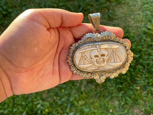 Large Skull Zodiac Libra Carved Buffalo Bone Tibetan Silver Pendant, Christmas Gift, Halloween Jewelry, Skeletons Pendant, Ancient Symbol
