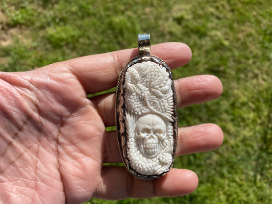 Large Skull with Dragon Carved Buffalo Bone Tibetan Silver Pendant, Unisex Skull Pendant, Jewelry for Men / Women, Sugar Skull, Skeleton