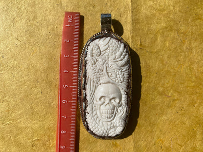 Large Skull with Dragon Carved Buffalo Bone Tibetan Silver Pendant, Unisex Skull Pendant, Jewelry for Men / Women, Sugar Skull, Skeleton