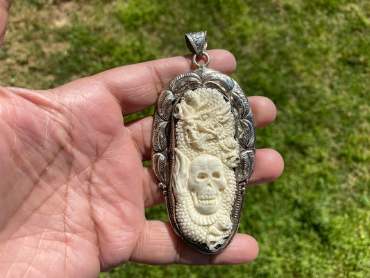Large Skull with Dragon Carved Buffalo Bone Tibetan Silver Pendant, Unisex Skull Pendant, Jewelry for Men or Women, Sugar Skull, Skeleton