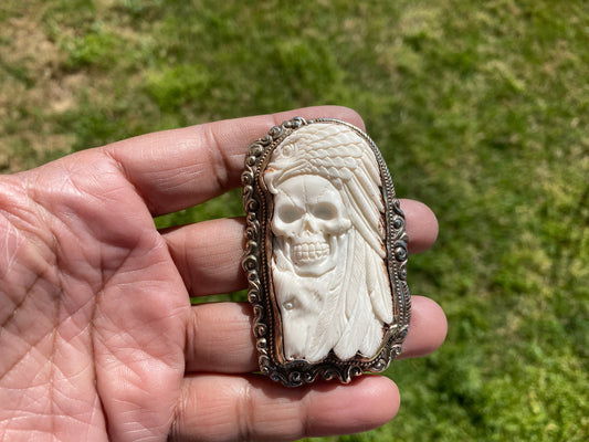 Large Skull with Eagle Carved Buffalo Bone Tibetan Silver Pendant, Unisex Skull Pendant, Jewelry for Men or Women, Sugar Skull, Skeleton