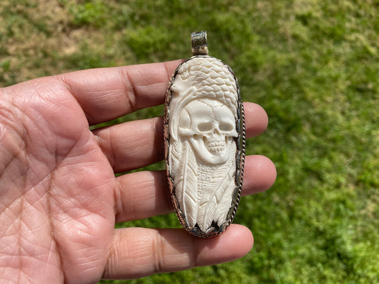 Large Skull with Eagle Carved Buffalo Bone Tibetan Silver Pendant, Unisex Skull Pendant, Jewelry for Men or Women, Sugar Skull, Skeleton