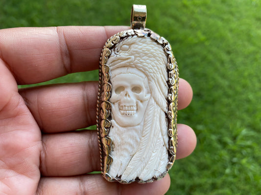 Large Skull with Eagle Carved Buffalo Bone Tibetan Silver Pendant, Unisex Skull Pendant, Jewelry for Men or Women, Sugar Skull, Skeleton