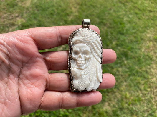 Large Skull with Eagle Carved Buffalo Bone Tibetan Silver Pendant, Unisex Skull Pendant, Jewelry for Men or Women, Sugar Skull, Skeleton